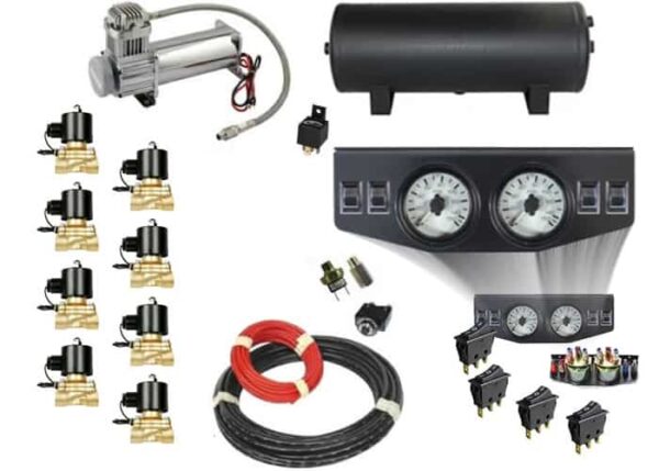 Air Management System (8 Independent Brass Air Valve Kit w/Compressor, Tank, Switches and Gauges) – 4 Corners