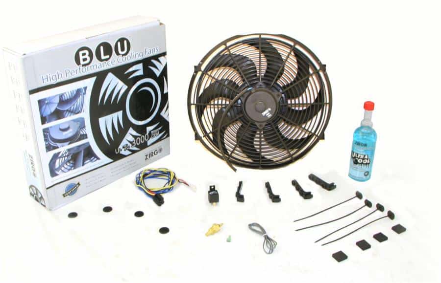 Super Cool Pack with Two 1019 fCFM 10″ S Blade Fans, Fixed Temp Switch, Harness, and Brackets and Additive.