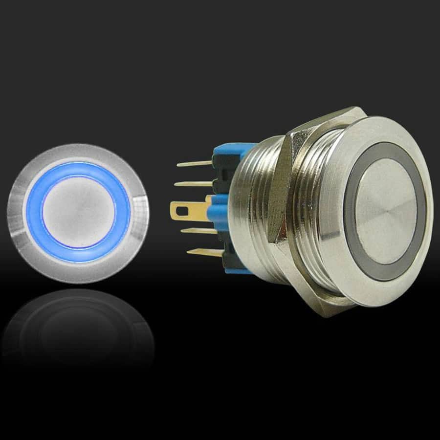 Latching Billet Button/Switch with Blue LED Ring (22mm)