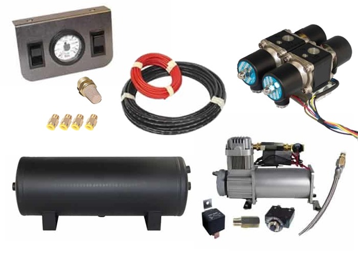 Mini Air Management System (4 Valve Air Manifold Kit w/Compressor, Tank, Switches and Gauges) - 2 Corners