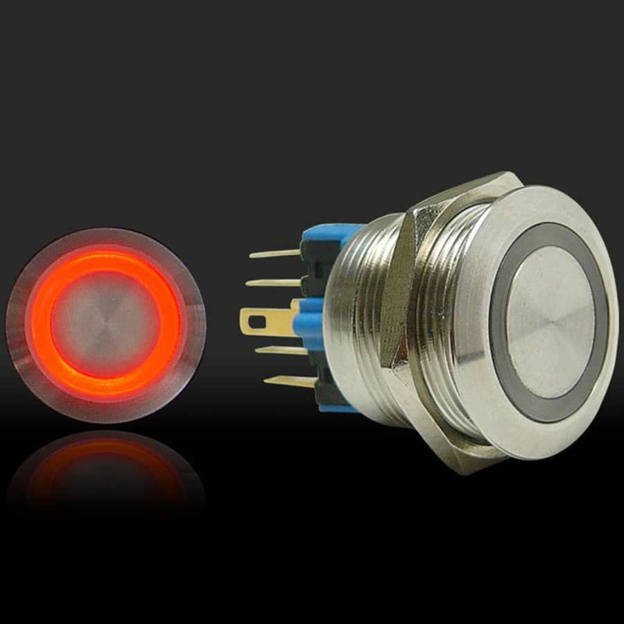 Latching Billet Button/Switch with Red LED Ring (19mm)