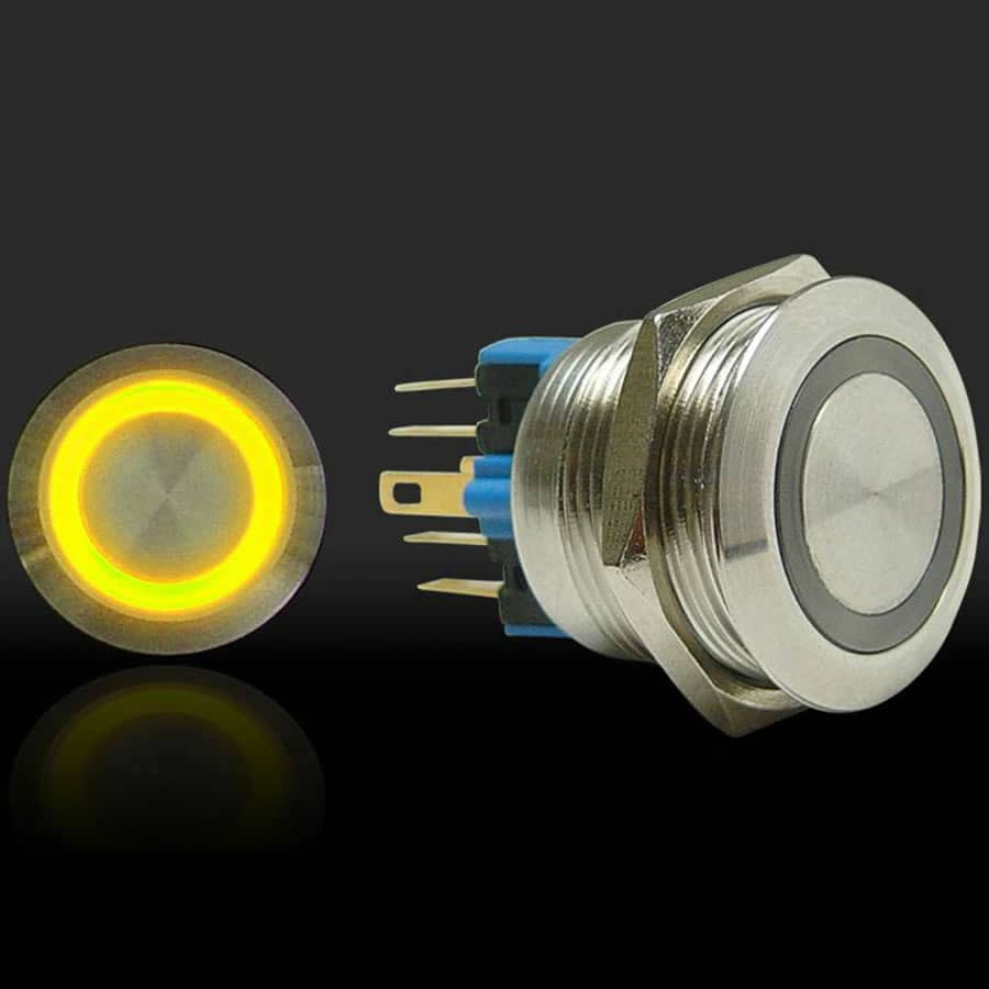 Latching Billet Button/Switch with Yellow LED Ring (22mm)