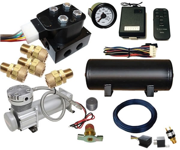 Mini Wireless Air Management System (4 Valve Air Manifold Kit w/Compressor, Tank, Switches and Gauge) - 2 Corners
