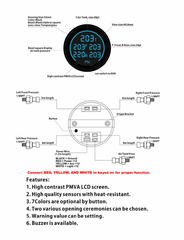 Air Suspension Digital Pressure Gauge Display & Sending Units – 200psi – 5 Zone
